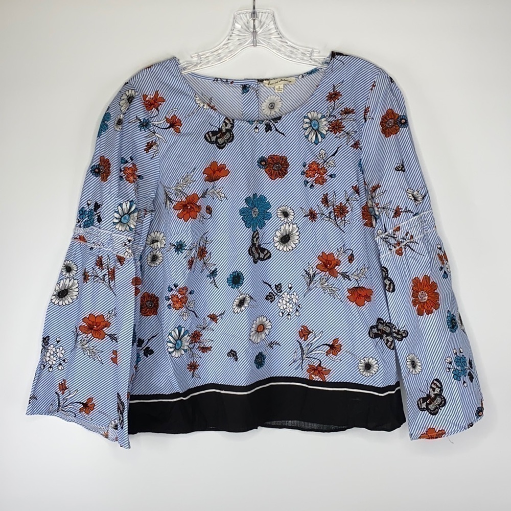 June And Delancey Striped Floral Bell Sleeve Top Size Small